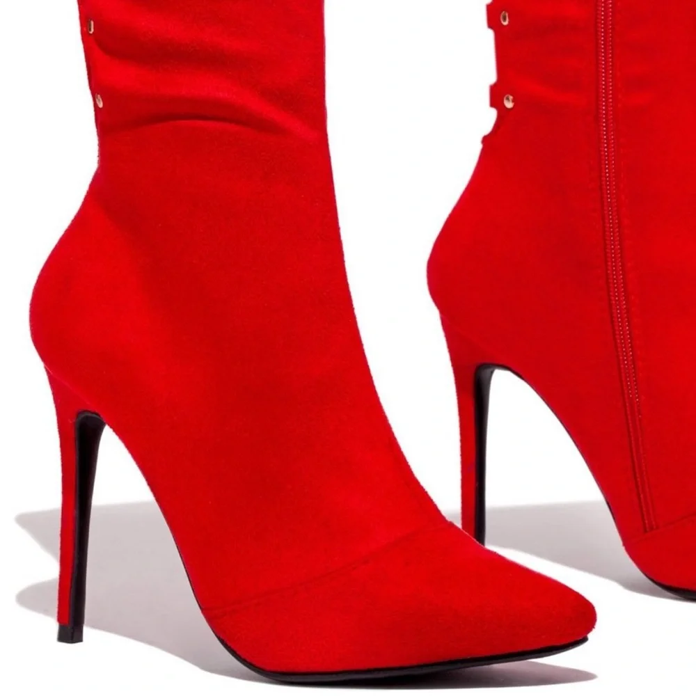 Red High Heel Open Back Corset Lace Up Thigh High Boot - Picture 6 of 11